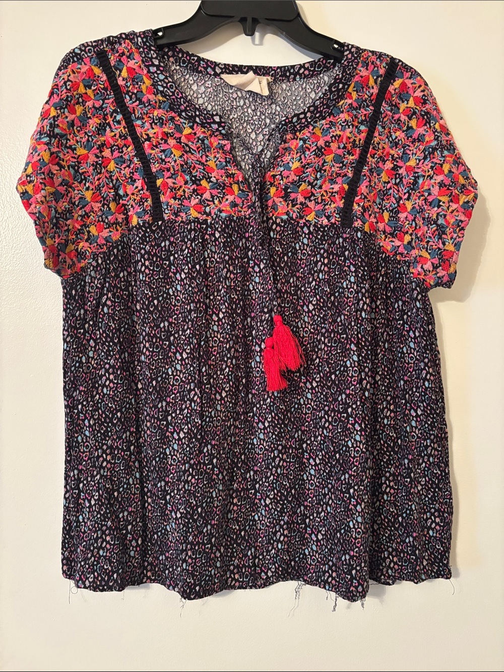 Savanna Jane Navy Tunic with Pink Floral Embroidery and Red Tassel